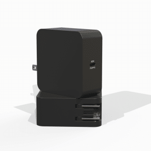 a black rectangular object with a plug in