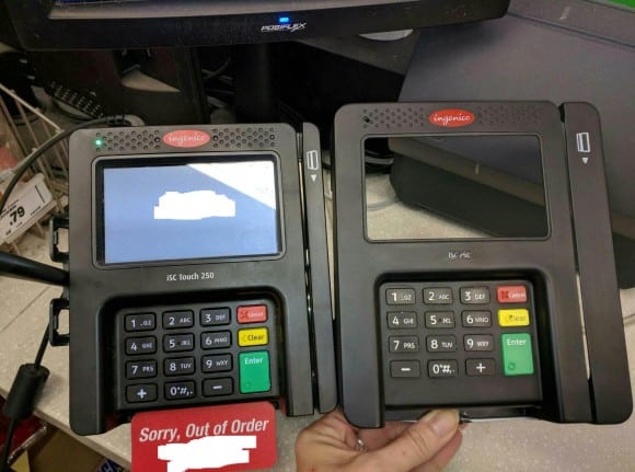 credit card skimmer compared to a credit card terminal face. showing how difficult they are to distinguish. 