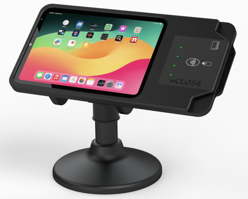 a black tablet with a stand