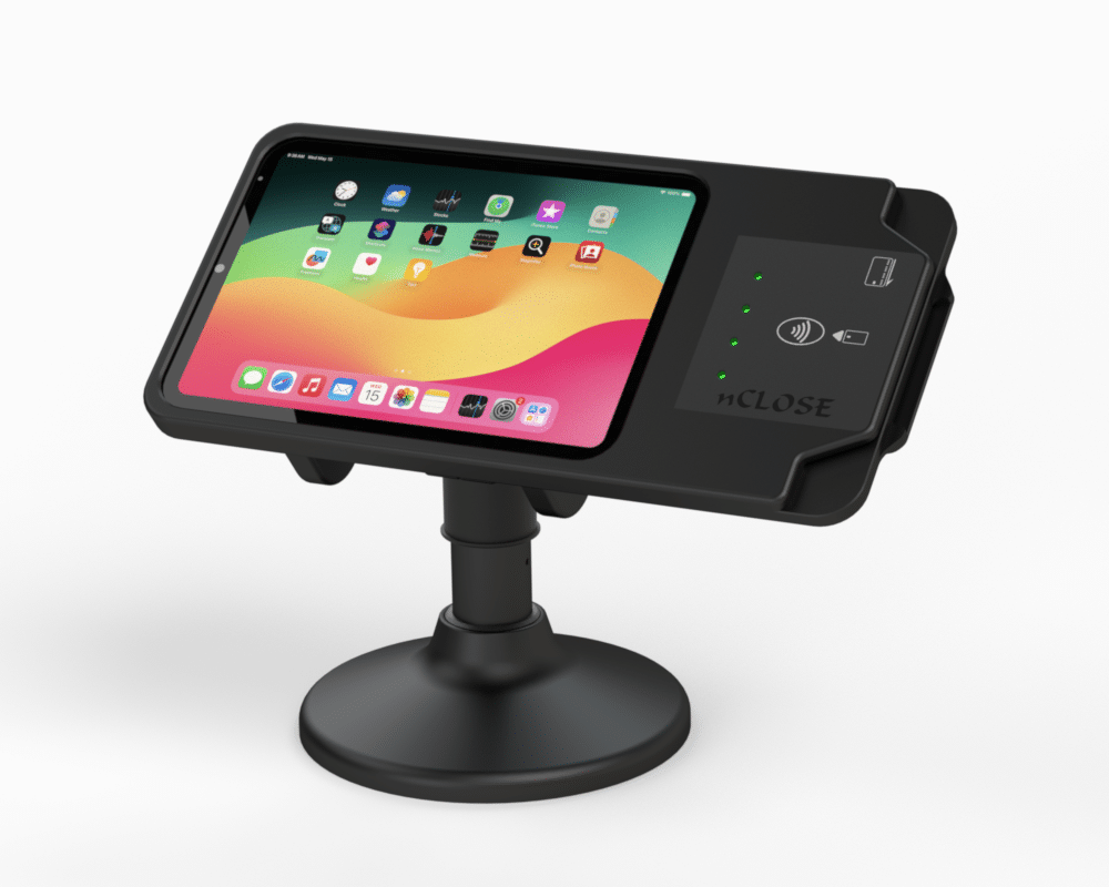 a black tablet with a stand