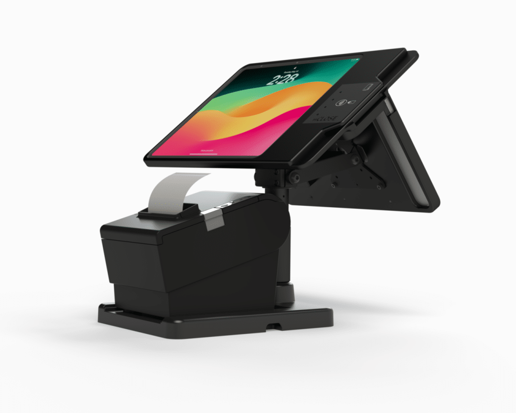a black cash register with a screen