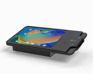 a black rectangular device with a touch screen