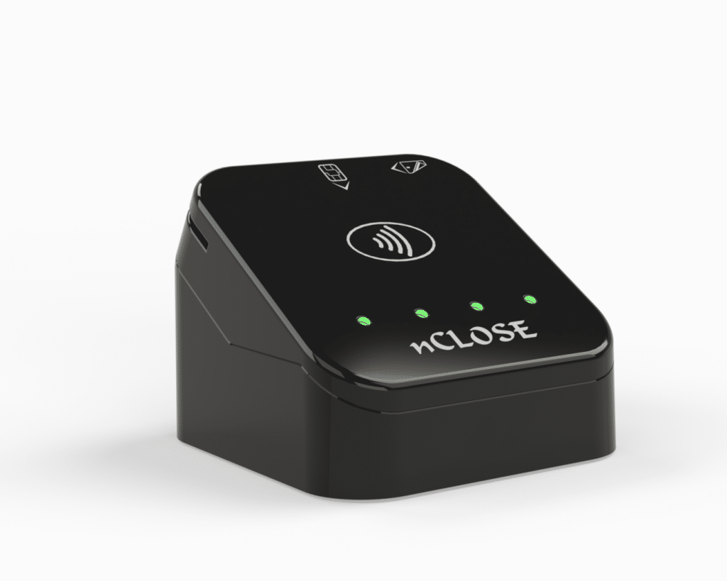 a black electronic device with green lights